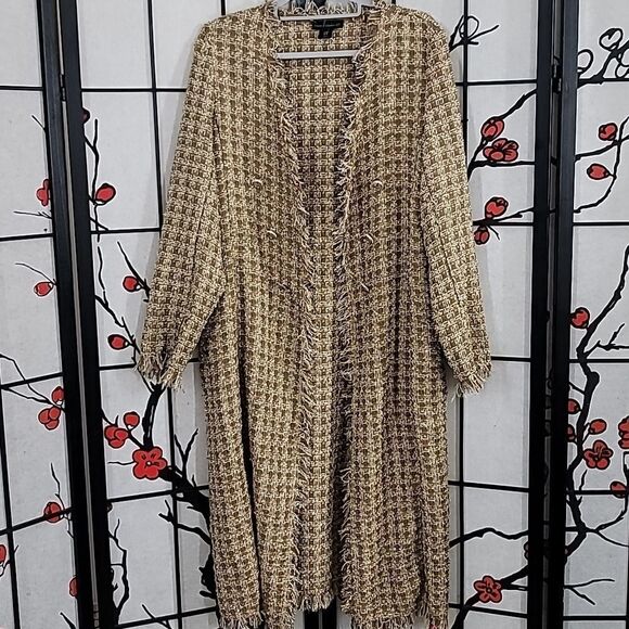 House of Harlow 1960 Gold Knit Shimmer Tweed Open Duster Long Coat M Fringed - Picture 1 of 8